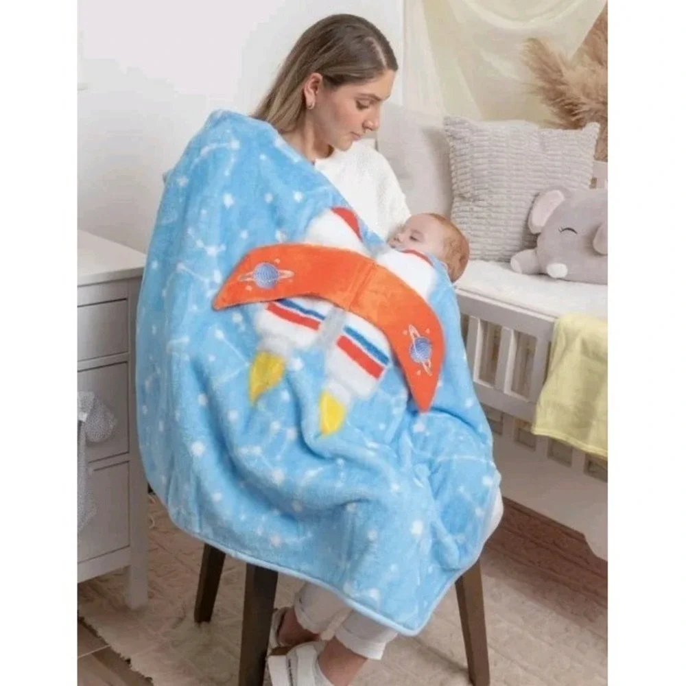 The World of Baby Mink‎ blanket Rocket Ship Blue & Orange - Vintage Excellent
